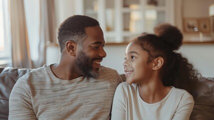 Obraz premium Smiling black father and daughter sit close together on sofa, sharing joyful moment, enjoying quality time, fostering strong family bond, expressing love and happiness.