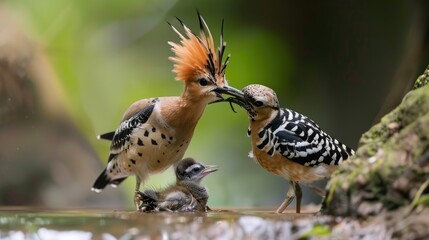 Obraz premium Eurasian hoopoe bird feeding juvenile