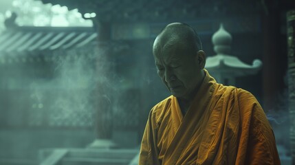 Naklejka premium A Meditative Monk Is Found Deep Within a Peaceful, Tranquil, and Natural Environment