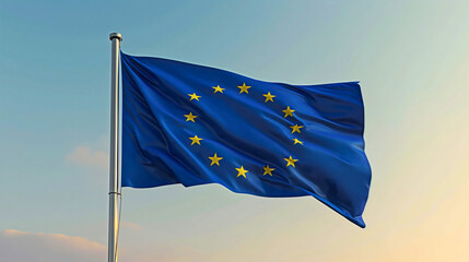 The flag of the European Union fluttering in the wind, blue with yellow recognizable starsm.