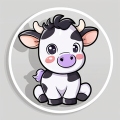 Obraz premium A simple and adorable vector logo in kawaii style, featuring a cute cow sitting on a grey background. The design is rendered in black and white with purple accents and bold outlines, making it perfect