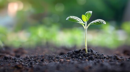 Young green plant seedling growing in soil with blurred background
