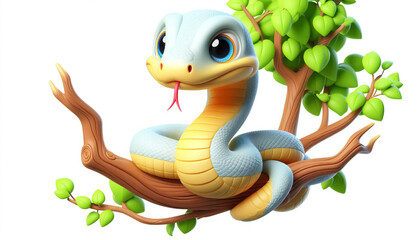 3D funny snake cartoon on a tree branch