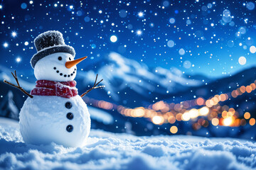 Fototapeta premium Snowman with a red scarf and top hat, standing on a snowy landscape at night, looking towards a cityscape illuminated by lights in the distance.