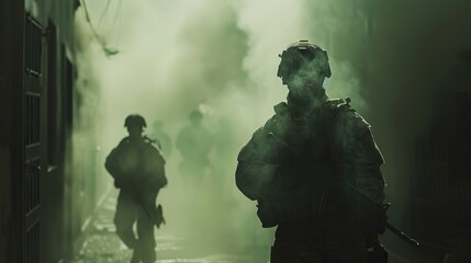 Fototapeta premium Soldiers engage bravely in action amid smoke and shadows, showcasing their courage