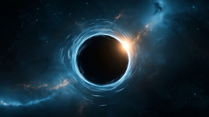 A black hole devouring a nearby star, with streams of matter spiraling into the abyss, set against the backdrop of distant galaxies