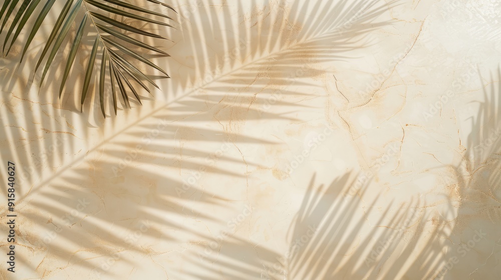 Sticker Beige marble background with palm leaf shadow, top view. Natural material in sunshine. Summer neutral tone.