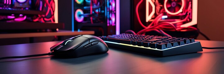 Mouse and keyboard close up gaming chair, and a clean setup with minimal clutter.