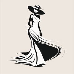 Elegant woman in a flowing white dress and black hat, minimalist and stylish illustration.
