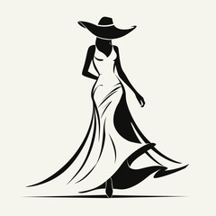 Elegant woman in a flowing white dress and black hat, minimalist and stylish illustration.
