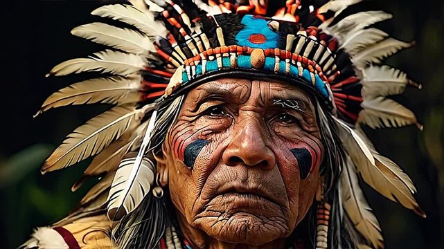 Extreme close-up of a native American chief with decorated headdress. Colorful feathers, strong personality and cultural concept.