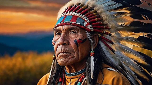 Extreme close-up of a native American chief with decorated headdress. Colorful feathers, strong personality and cultural concept.