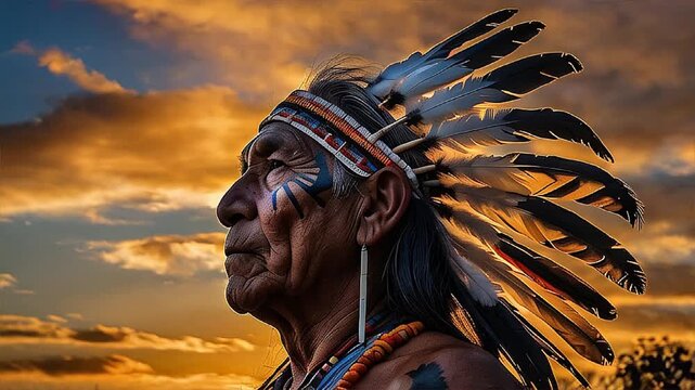 Time lapse of a native American chief with decorated headdress. Colorful feathers, strong personality and cultural concept.