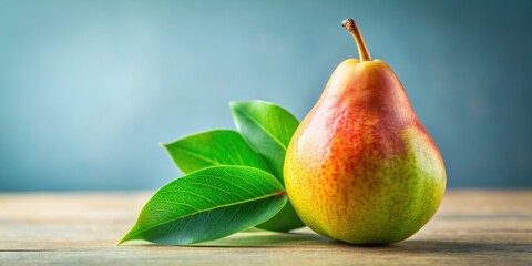 A ripe pear with a vibrant green leaf on a clear background, pear, green, leaf,fruit, fresh, healthy, natural, organic, crisp, juicy