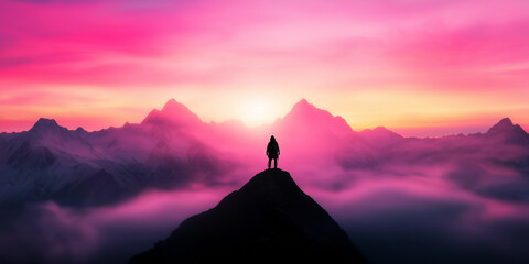 A dramatic mountain landscape with a lone hiker standing on a peak at sunrise