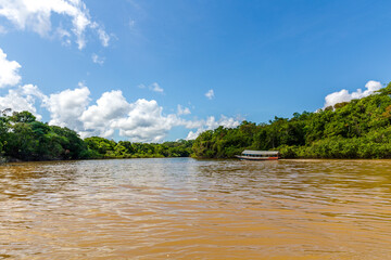 Navigating the Amazon River. In the Amazon jungle, near Iquitos, Peru. South America.