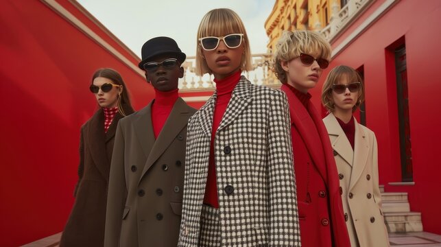 Five models display stylish outfits in a striking urban setting with red walls
