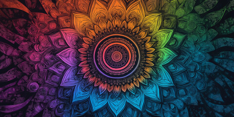 An intricate mandala design in vibrant colors, perfect for a meditation space