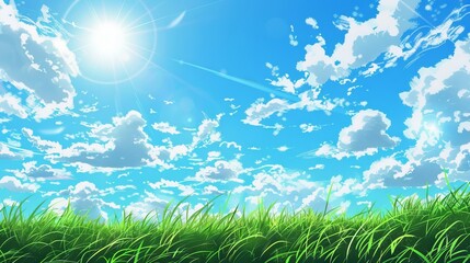 Obraz premium Sunny day weather on beautiful blue sky and green grass. Japanese illustration style.