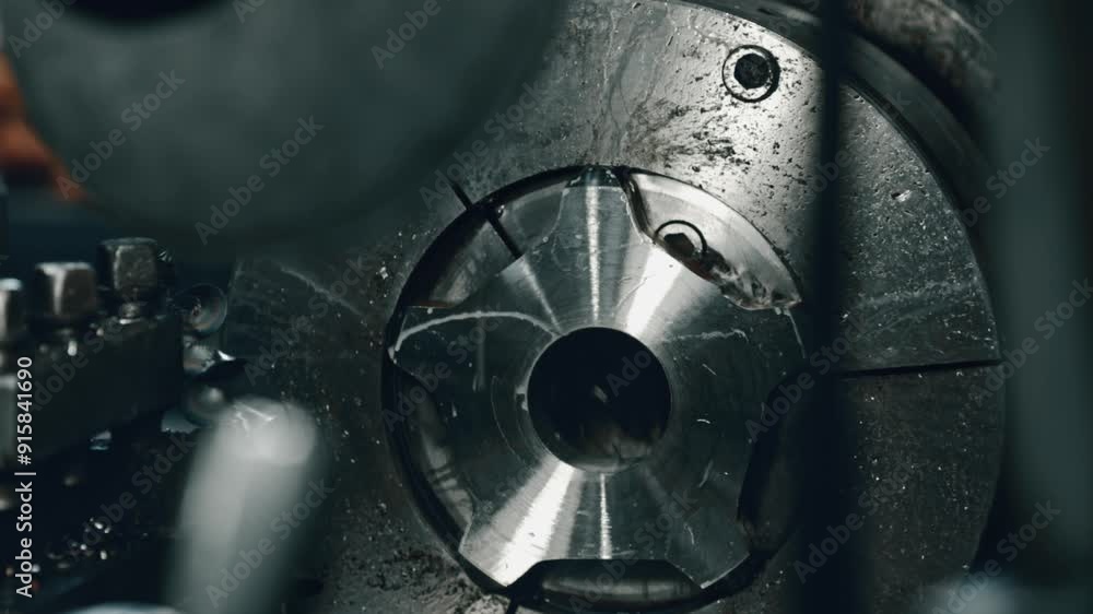 Poster metal lathe precisely machines a steel part in a workshop, showcasing advanced manufacturing techniq