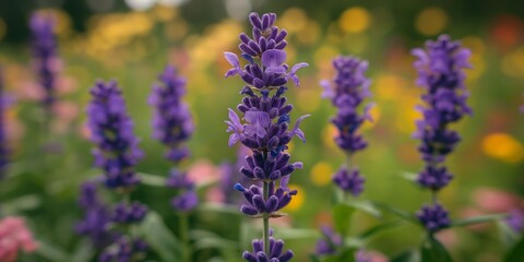 Obraz premium A close-up of a vibrant lavender flower surrounded by a blurred background of colorful blooms in a garden setting