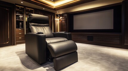 Elevate Your Home Theater with a Sleek Black Recliner: Perfect Poster for Sports Rooms, Featuring Modern Design, Plush Carpeting, and Cinematic Ambiance!