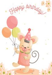 Childrens cute greeting card. A mouse in a party hat joyfully holds colorful balloons while celebrating a birthday.