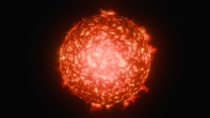 Sun with solar flares. Star with coronal mass ejections. Bright star emits energy, gases, radiation and flaming corona. 3d render illustration