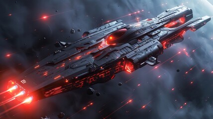 An imaginative and visually stunning futuristic battleship set in the vast expanse of deep space