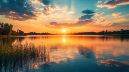 Obraz premium Sunset Over a Tranquil Lake