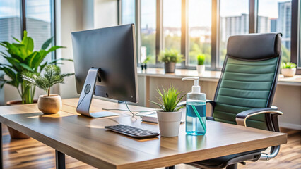 A modern office workspace with a desk, chair, and computer, incorporating a face mask and sanitizing essentials, symbolizing a safe and healthy work environment.