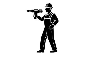 Worker with Drill Silhouette Icon Vector Illustration