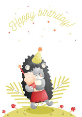 Childrens cute greeting card. A hedgehog dressed in a party hat celebrates a birthday with a cupcake in a sunny meadow.