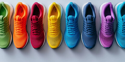 A row of colorful running shoes neatly arranged on a white background