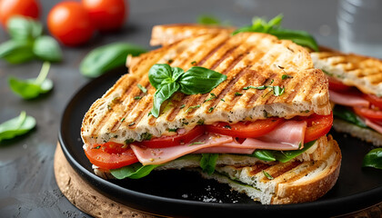 Club sandwich panini with ham, tomato, cheese and basil on table