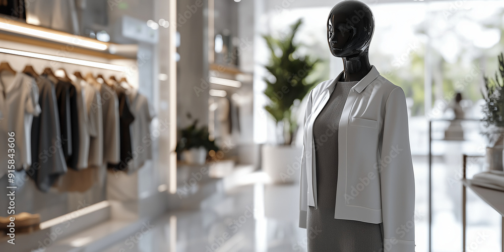 Poster a mannequin dressed in a chic ensemble in a minimalistic setting