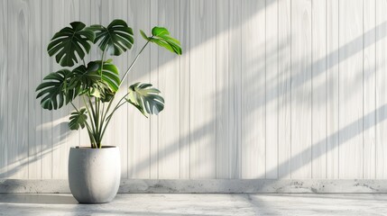 Fototapeta premium Leafy monstera in grey pot on concrete floor against white wood wall with copy space