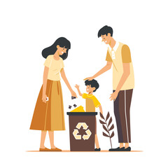 Young couple teaching their child to recycle, warm and educational illustration.
