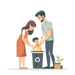 Young couple teaching their child to recycle, warm and educational illustration.

