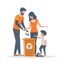 Young couple teaching their child to recycle, warm and educational illustration.
