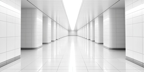 Fototapeta premium A spacious, modern corridor featuring white tiled walls and floors, illuminated by bright overhead lighting
