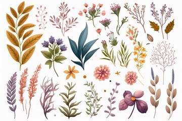 Watercolor floral collection with various flowers and leaves in different colors.