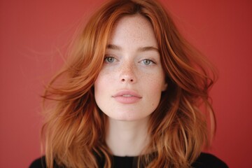 Naklejka premium Front-facing portrait of a red-haired woman with soft waves, wearing a black top against a red background.