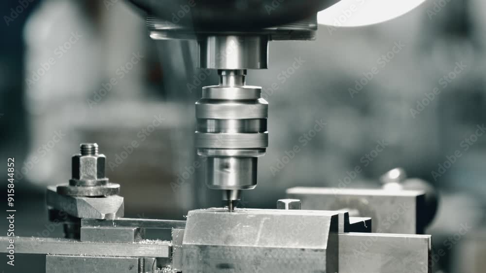 Poster close-up of a vertical cnc milling machine drilling into a metal block, showcasing precise machining