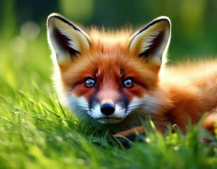 Fototapeta premium Adorable Young Fox Resting in Lush Green Grass Close-Up