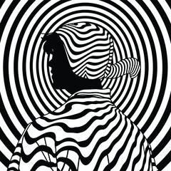 Abstract figure with black and white hypnotic stripes, back turned, in a psychedelic pattern.

