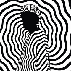 Abstract figure with black and white hypnotic stripes, back turned, in a psychedelic pattern.
