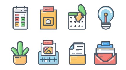 Minimalistic Office Icons Set - Flat Design Style with Soft Colors and Clean Aesthetic - Ideal for Web, Apps, and Marketing Materials - Perfect for Business and Productivity Concepts, Banners, and Bac