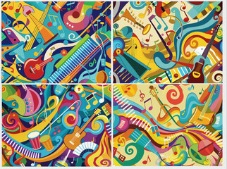 Seamless vibrant and colorful abstract illustrations featuring various musical instruments such as guitars, pianos, drums and sheet music. The design is full of swirling patterns and bright colors,