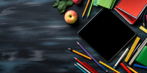 A digital planner mockup on a tablet screen, surrounded by traditional school supplies